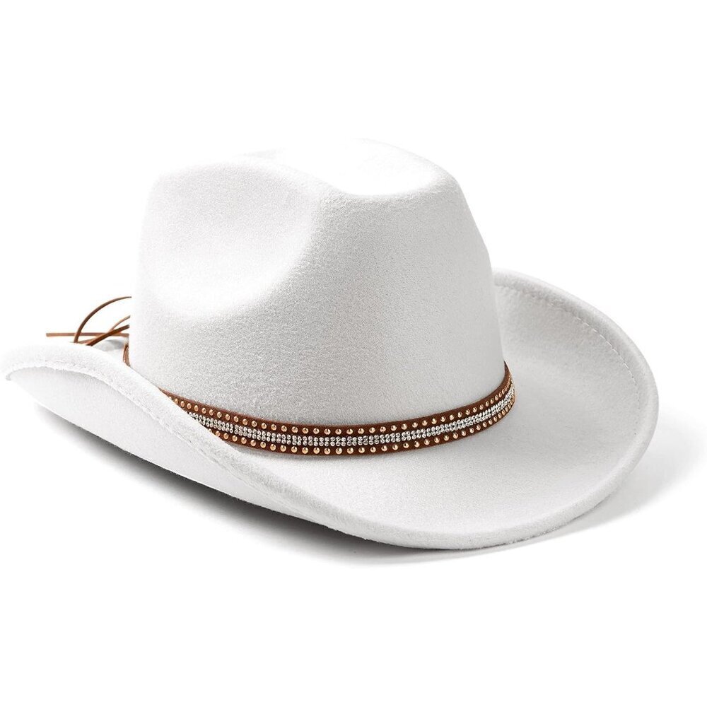 Unisex White Western With Rhinestone Band Buckle Classic Fedora Felt Cowboy Hat